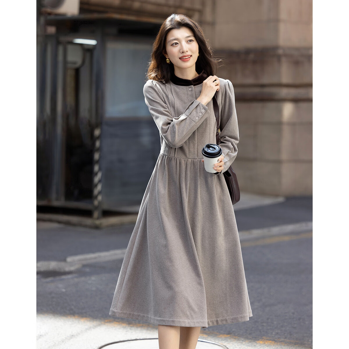 Demana [Reissue Elegance] Winter Colorblock Stand Collar Puff Sleeve Flared A-Line Knit Wool Blend Warm Women's Dress