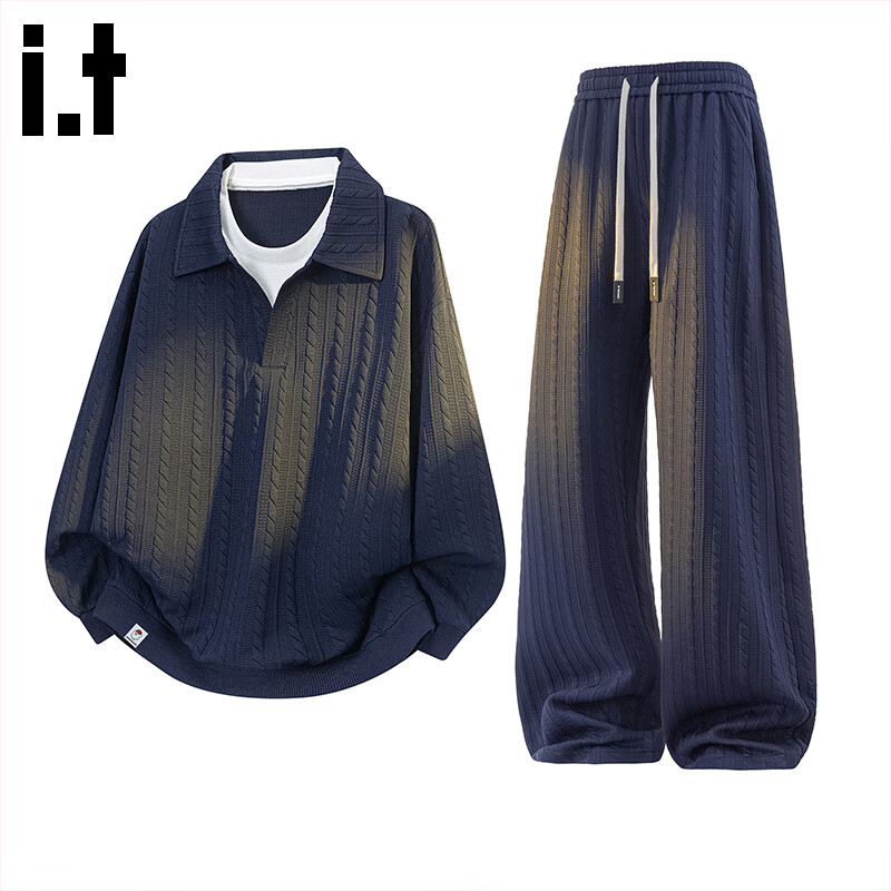 :CHOCOOLATE Men's Faux Two-Piece Sweatshirt Set, Spring And Autumn New Style, Textured Loose Casual Pants Set, Navy Blue, 4XL
