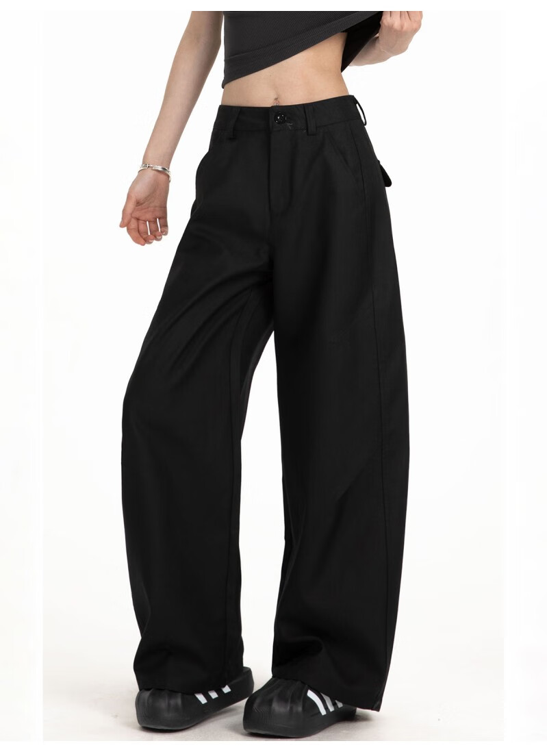 ICH MODE Women's American Style Autumn Winter Loose Straight Relaxed Curved Wide Leg Casual Pants Black L 6