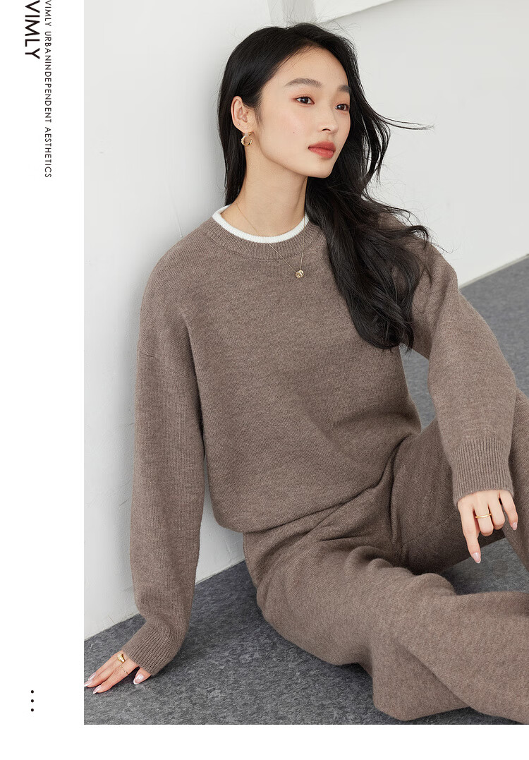 FANXIMAN Premium Wool Blend Knit Set Women Autumn New Top and Wide-Leg Pants Set Oatmeal M 5