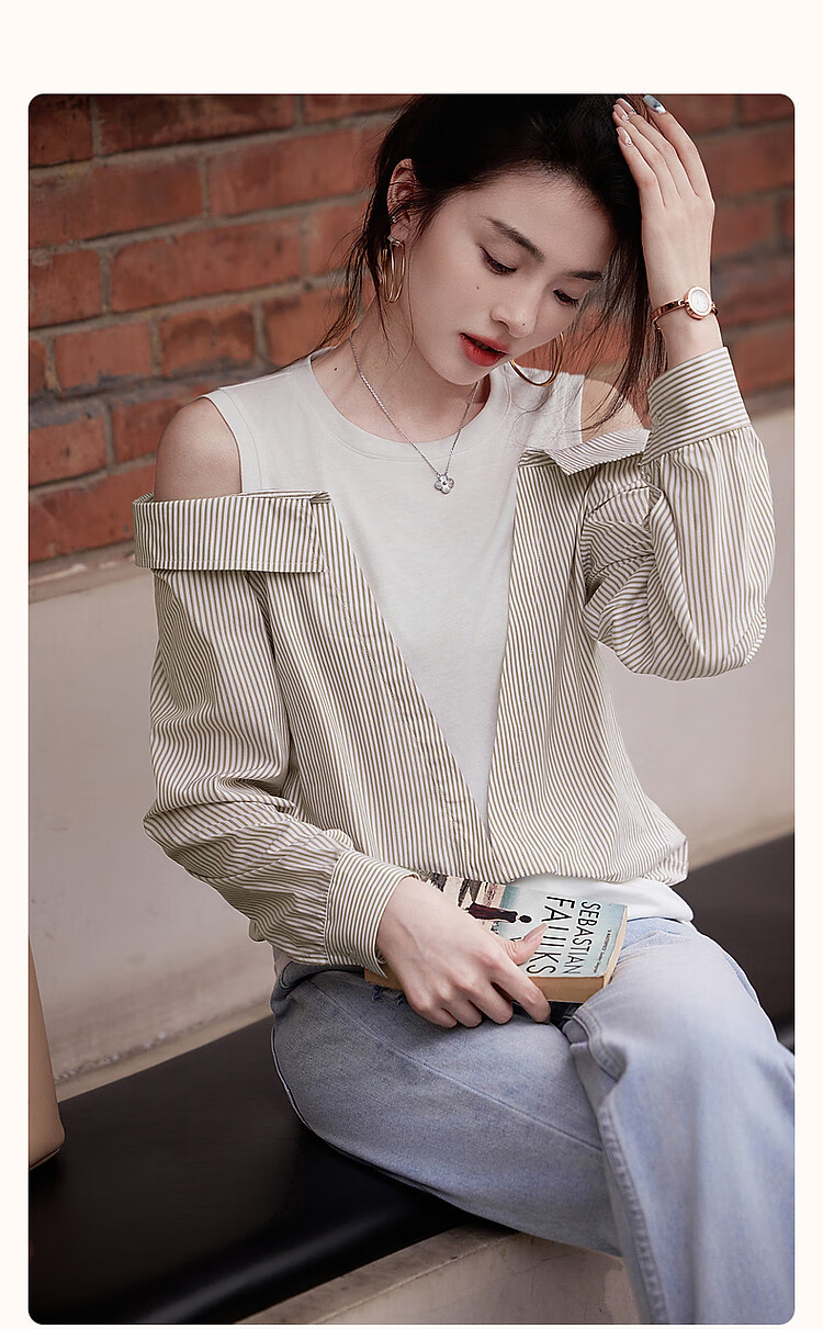 Dme Round Neck Cotton Faux Two-Piece Off-Shoulder Shirt, Plaid Patchwork Blouse, Women's Top, Off-White, M 3