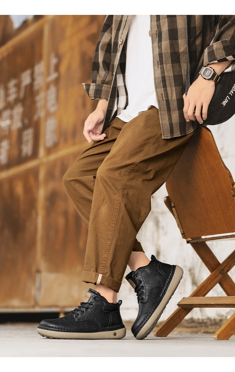 G.N.Shi Jia Men's Martin Boots Autumn Winter New Fashion Retro Work Shoes Casual Mid-top Lace-up Leather Shoes for Men 7