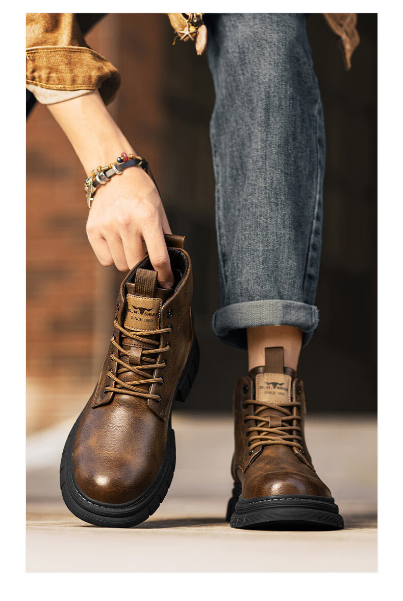 Bull Family Men's Shoes Spring Autumn New British Style Martin Boots Fashion Trendy Men's Work Boots Versatile Durable Shoes 21