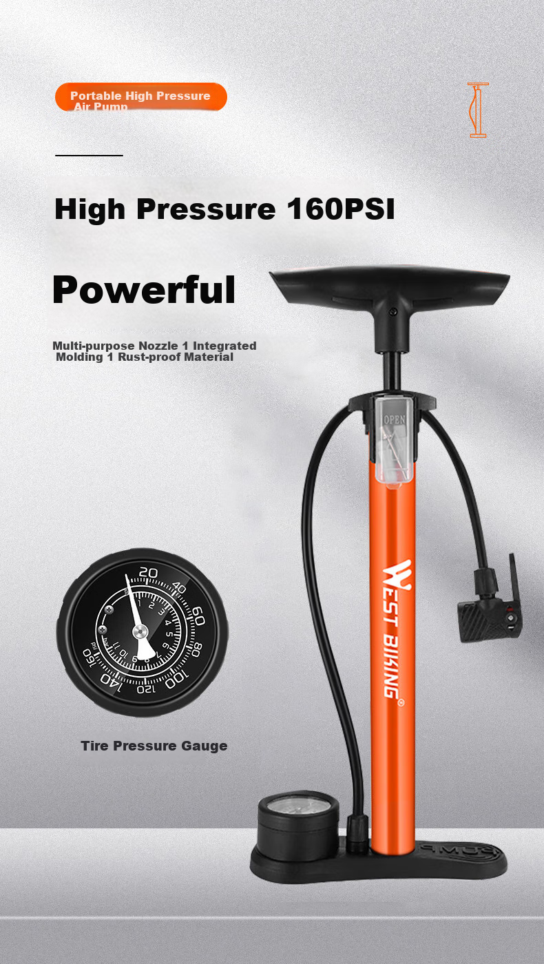 WestBiking Bicycle Pump, High-Pressure Air Compressor for Home Use, Electric Car, Basketball, Universal Portable Inflator 1