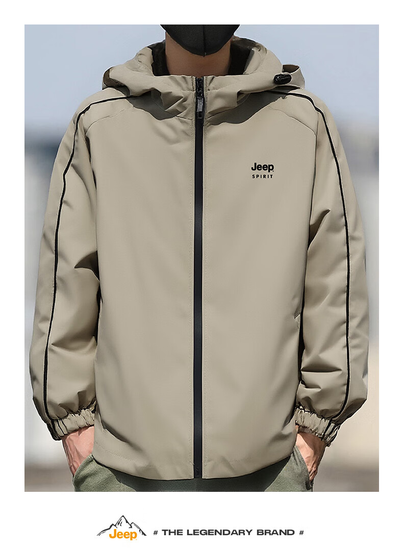 JEEP SPIRIT Men's Outdoor Hooded Windproof Waterproof Jacket Loose Fit Versatile Windbreaker Black 2XL 3