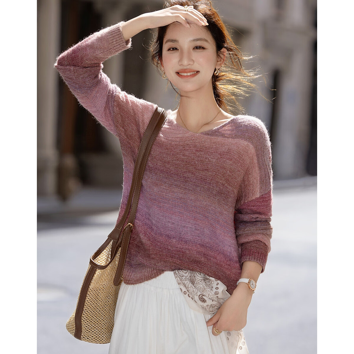 Dme [Dingdai'er Fashion] Autumn Artistic Gradient V-Neck Drop Shoulder Loose-Fitting Slimming Knit Sweater Women's Top