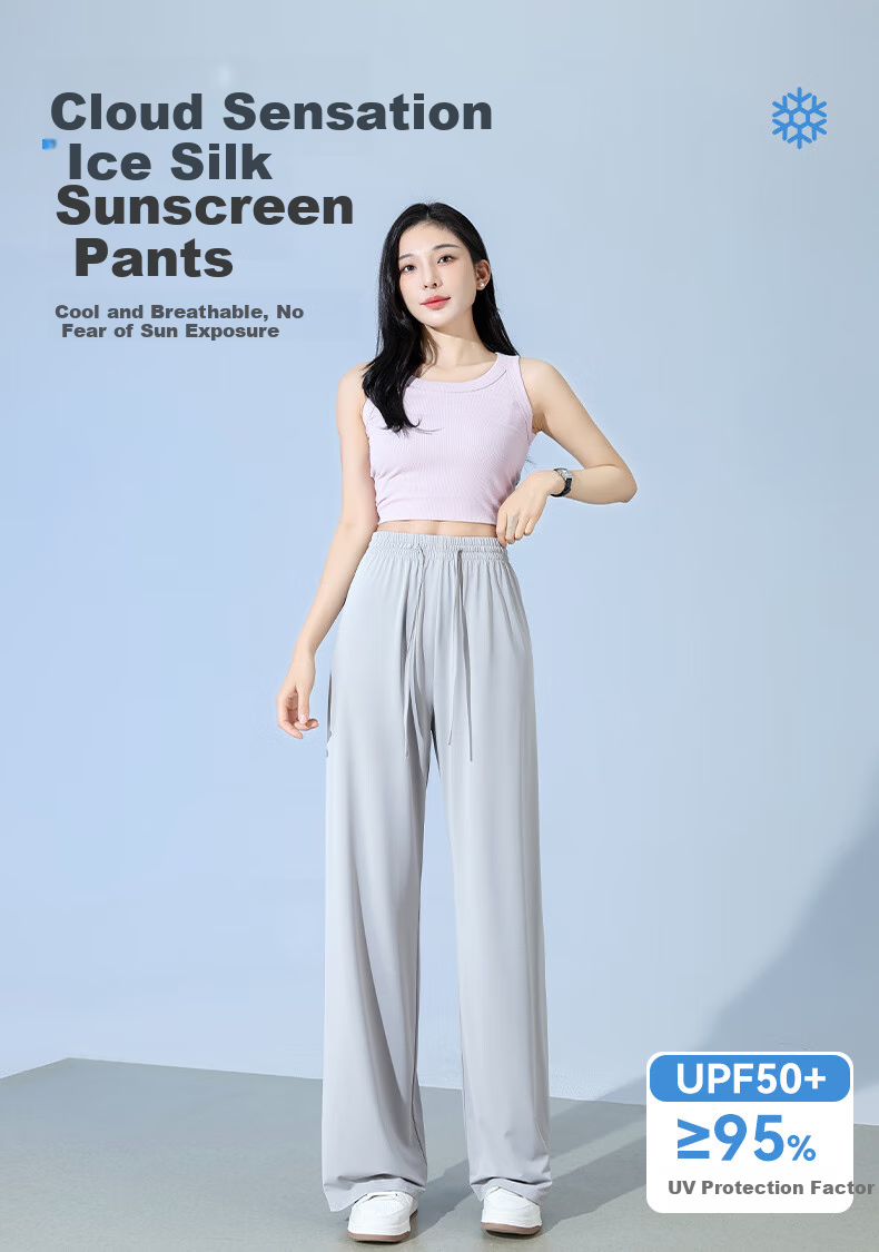 FitonTon Slim Ice Silk Sun Protection Wide-Leg Pants for Women, Summer Cool Thin High-Waist Draping Slimming Straight Casual Pants 1