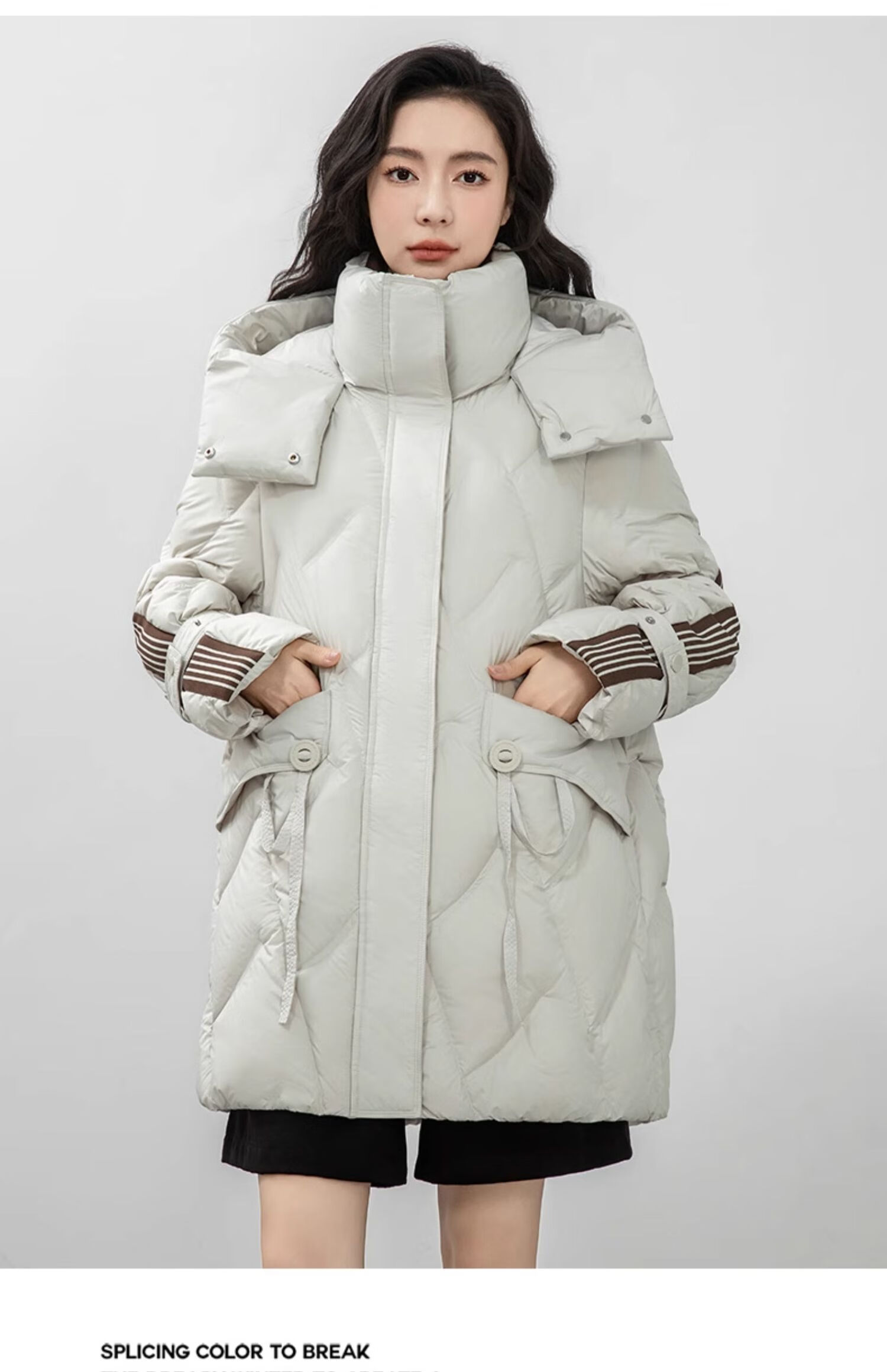 BLOOM FLOWERS Women's Down Jacket 2025 Winter Mid-Length Solid Color Striped Fashion Casual Hooded Warm Coat 22