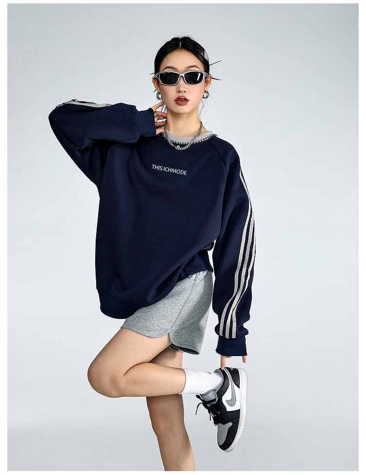 ICH MODE American Style Crewneck Pullover Sweatshirt Vintage Striped Women's Spring Autumn Long Sleeve Loose Sports Jacket Blue M 21