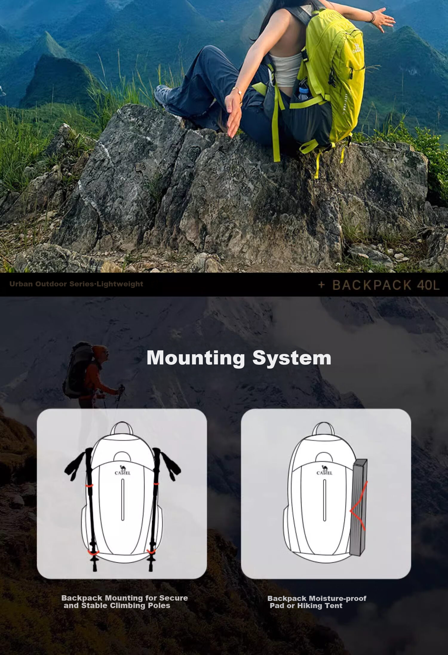 CAMEL Outdoor Hiking Backpack, Professional Trekking Waterproof Travel Water-Resistant Lightweight Rucksack, Double Shoulder Bag, 574D789643 10