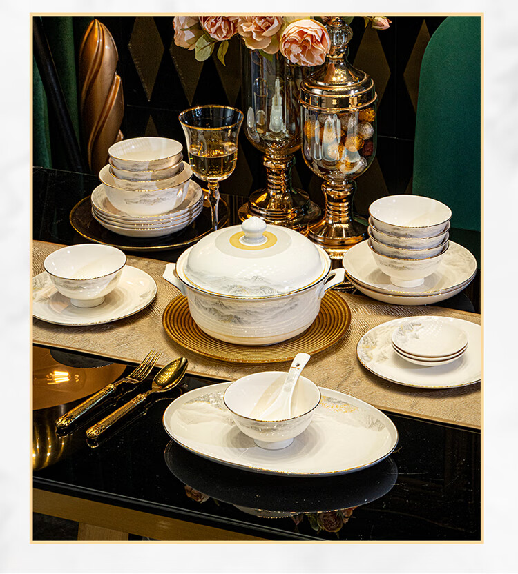 Haoya 82-Piece Jingdezhen Ceramic Dinnerware Set with Bowls, Plates, Spoons, Chopsticks, Complete Household Set for Housewarming And Good Luck 3