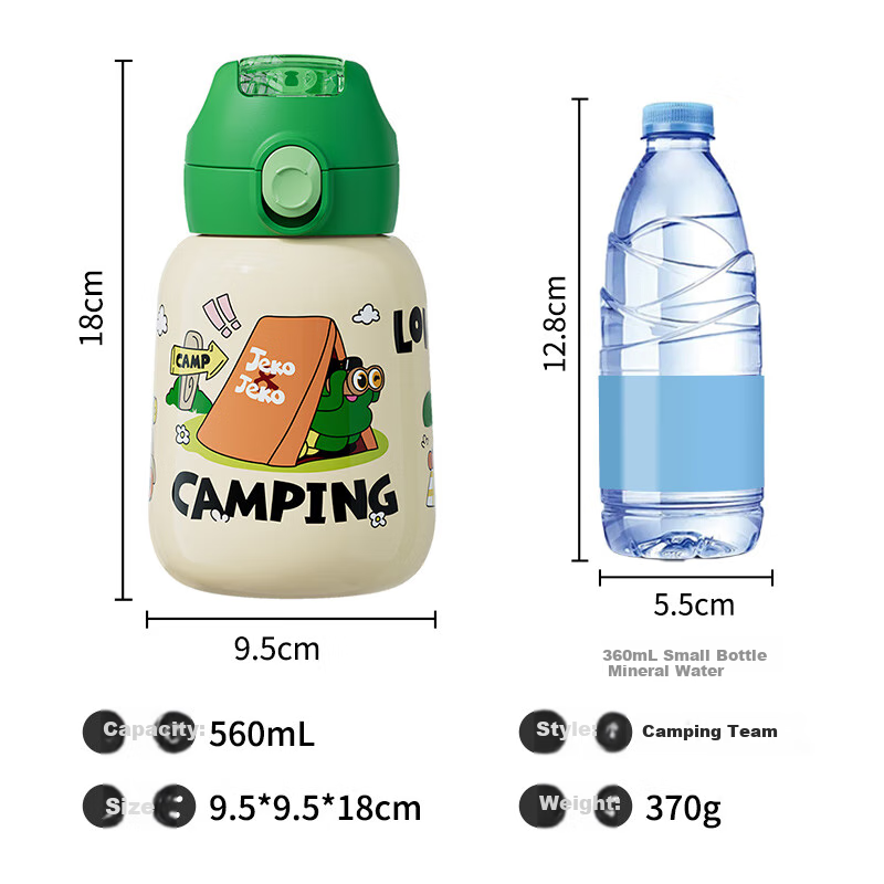 JEKO&JEKO Children's Water Bottle, Insulated Cup, 316 Stainless Steel Straw Cup, Student Water Bottle [With Free Cup Sleeve], 560mL, Gree