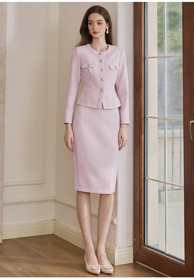 ROEYSHOUSE Premium Little Chanel Style Slim Fit Short Jacket + Skirt Two-Piece Set 09299 Pink M 5