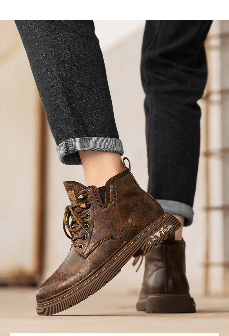Bull Family Men's Autumn Winter New Retro British Martin Boots Fashion Versatile Work Boots Mid-High Lace-Up Leather Boots 18