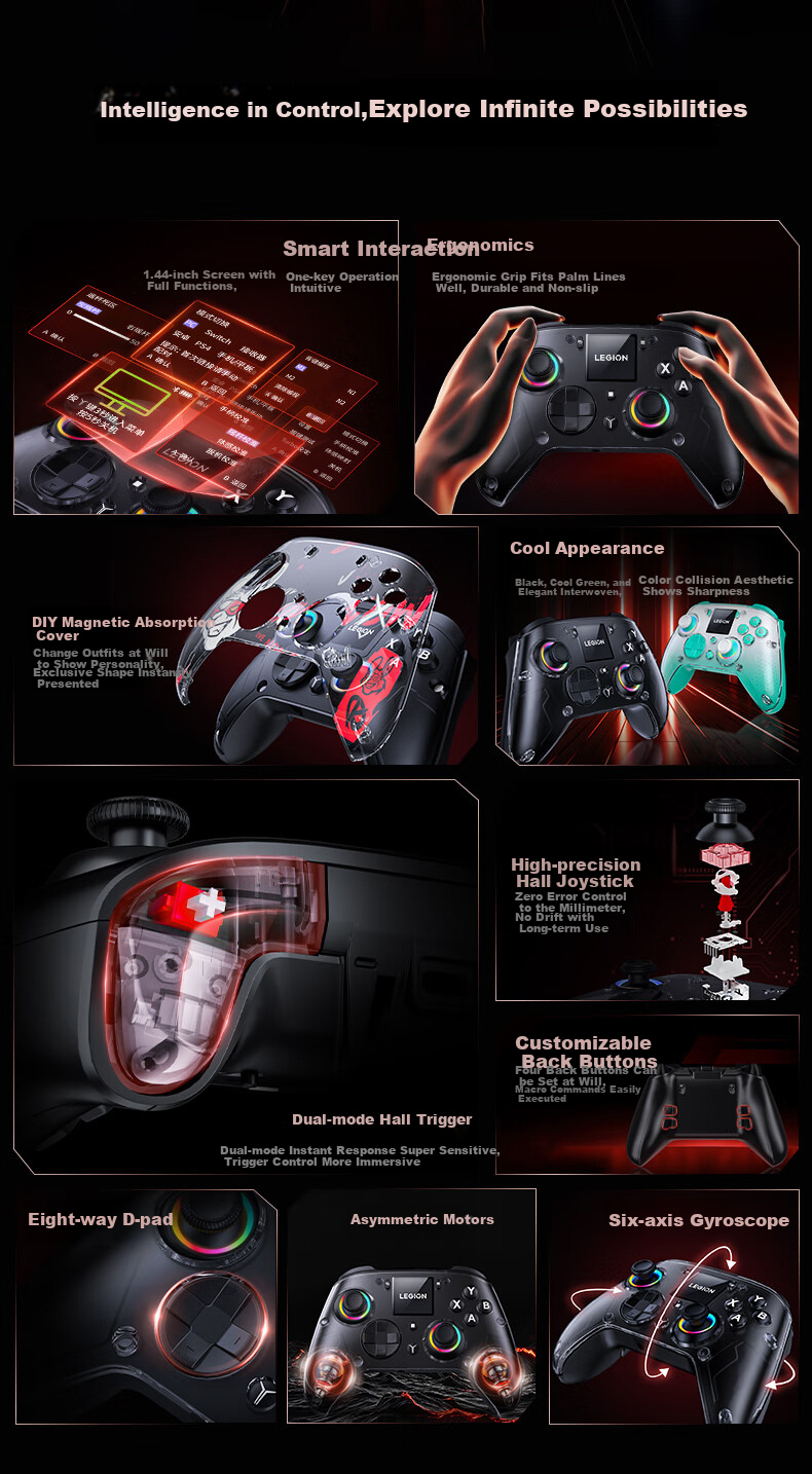Lenovo Legion Y7 Smart Wireless Gaming Controller, Xbox-like Hall Switch for PC, Mobile Phone And TV, Steam Bluetooth Motion Control, NS Genshin Impact Dual-Shot Gree 2
