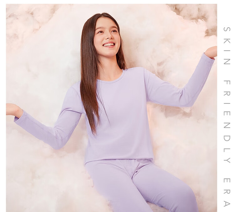 THREEGUN Kids A-Class Fire Cotton Anti-Mite Antibacterial Crew Neck Girls' Underwear Set Light Purple 170 4