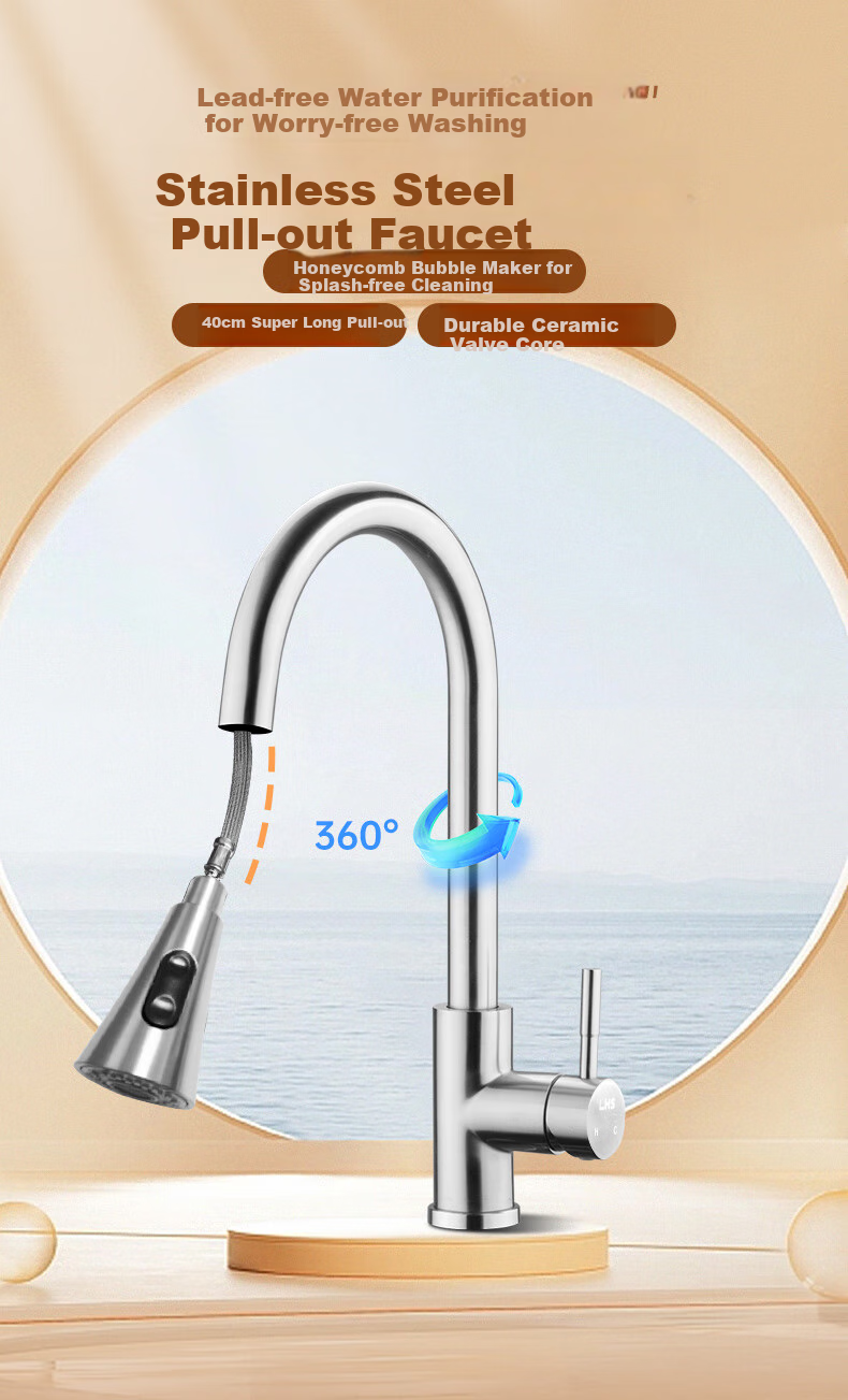 Aifuer Kitchen Faucet, Pull-Out Hot And Cold Sink Tap, SUS304 Stainless Steel Pull-Out Faucet 2