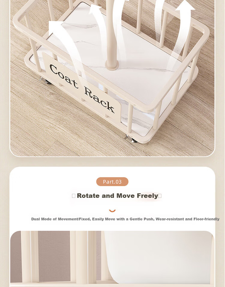 Yijia Coat Rack, Floor-Standing Clothes Rack, Coat And Hat Stand, Movable Home Drying Rod Storage Rack, Cream White Straight Rod with 7 Hooks 10
