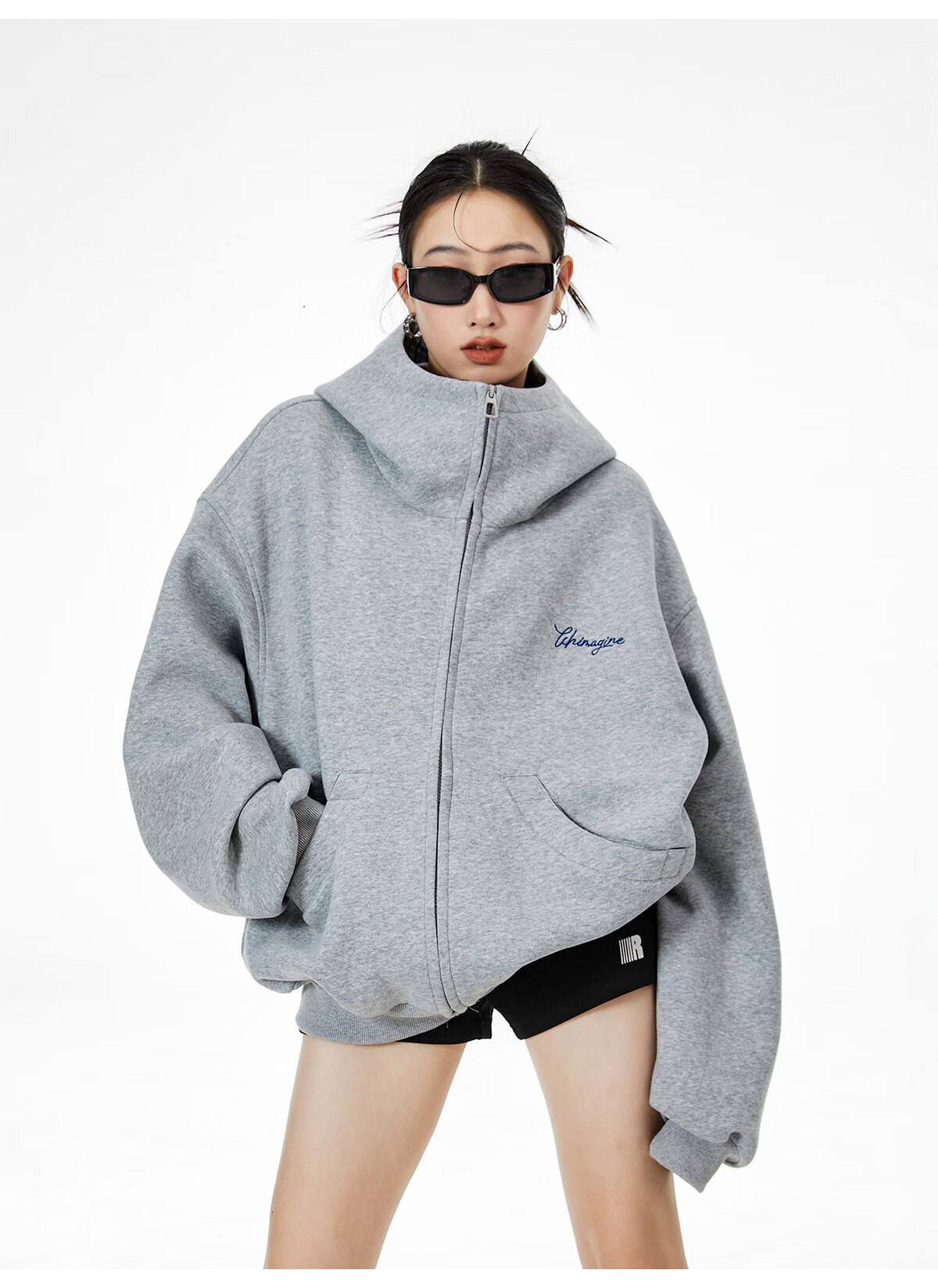 ICH MODE Celebrity Style American Plaid Patchwork Cardigan Sweatshirt Autumn Jacket Sports Cardigan Top Women Heather Gray XL 22