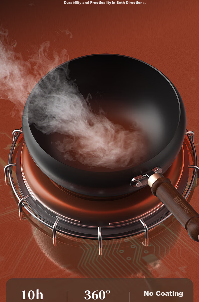 KOBACH Cast Iron Wok without Coating for Home Cooking, Suitable for Induction And Gas Stoves, 24cm 6