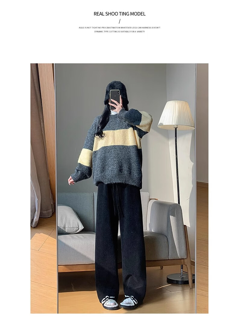 Langsha Women's Herringbone Wide-Leg Pants Spring Autumn New High-Waist Draped Straight-Leg Slim Chenille Knit Casual Trousers Trendy 21