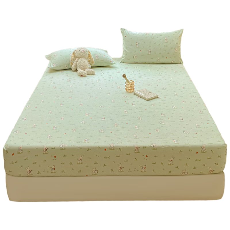 AVIVI Class A Double-Layer Gauze Fitted Sheet Single Bed Cover Full Enclosure Mattress Protector for 1.5m Bed Forest Rabbit