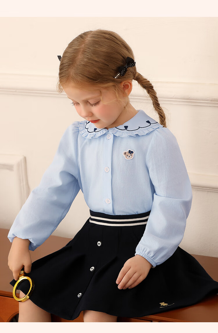 Classic Teddy Girls' Long Sleeve Shirt Children's Cotton Spring Casual Top Light Blue 110 5