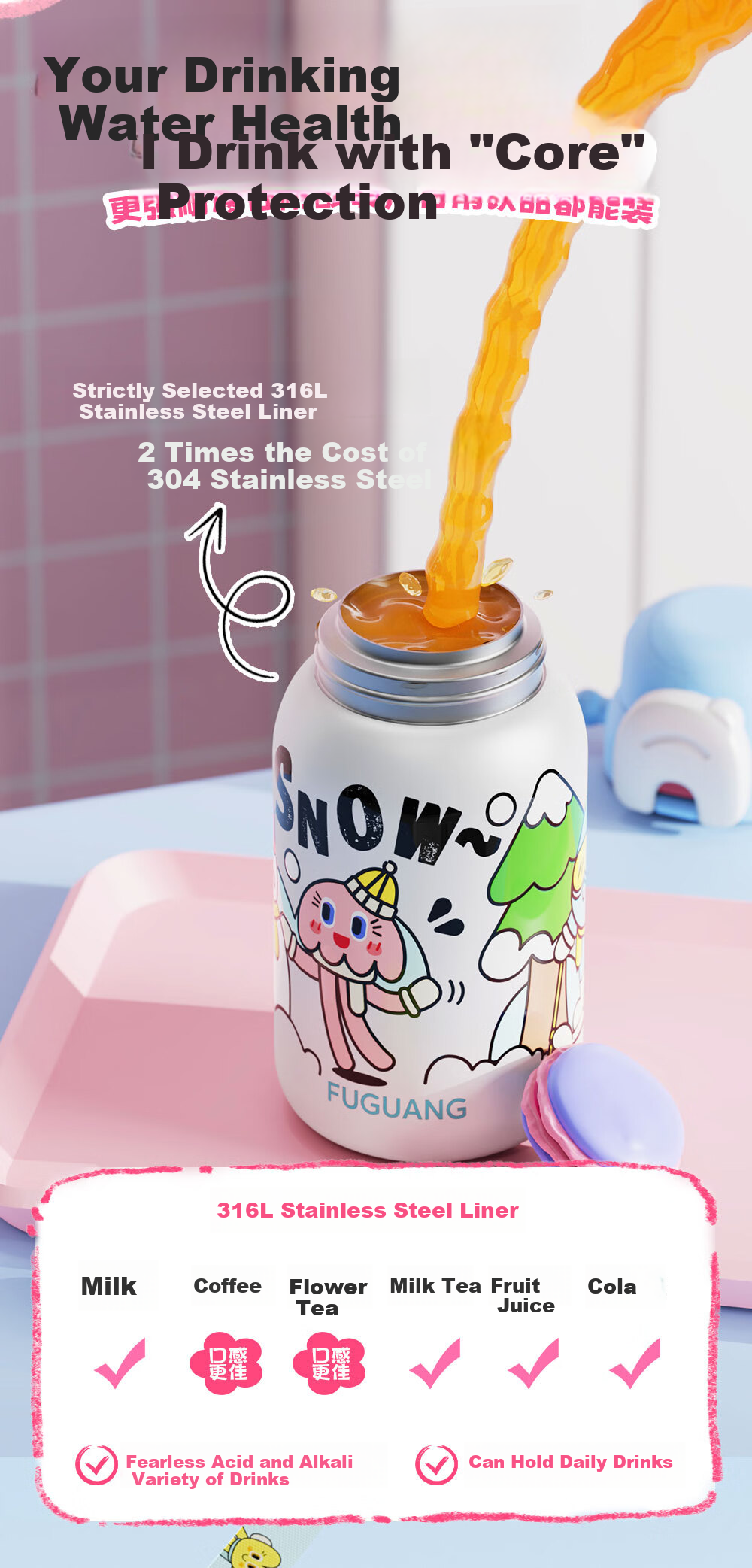 FGA Fuguang Children's Insulated Cup, 316 Stainless Steel, High-Value Straw Water Bottle for Women, Large Capacity Water Bottle for Students, 560ml 7