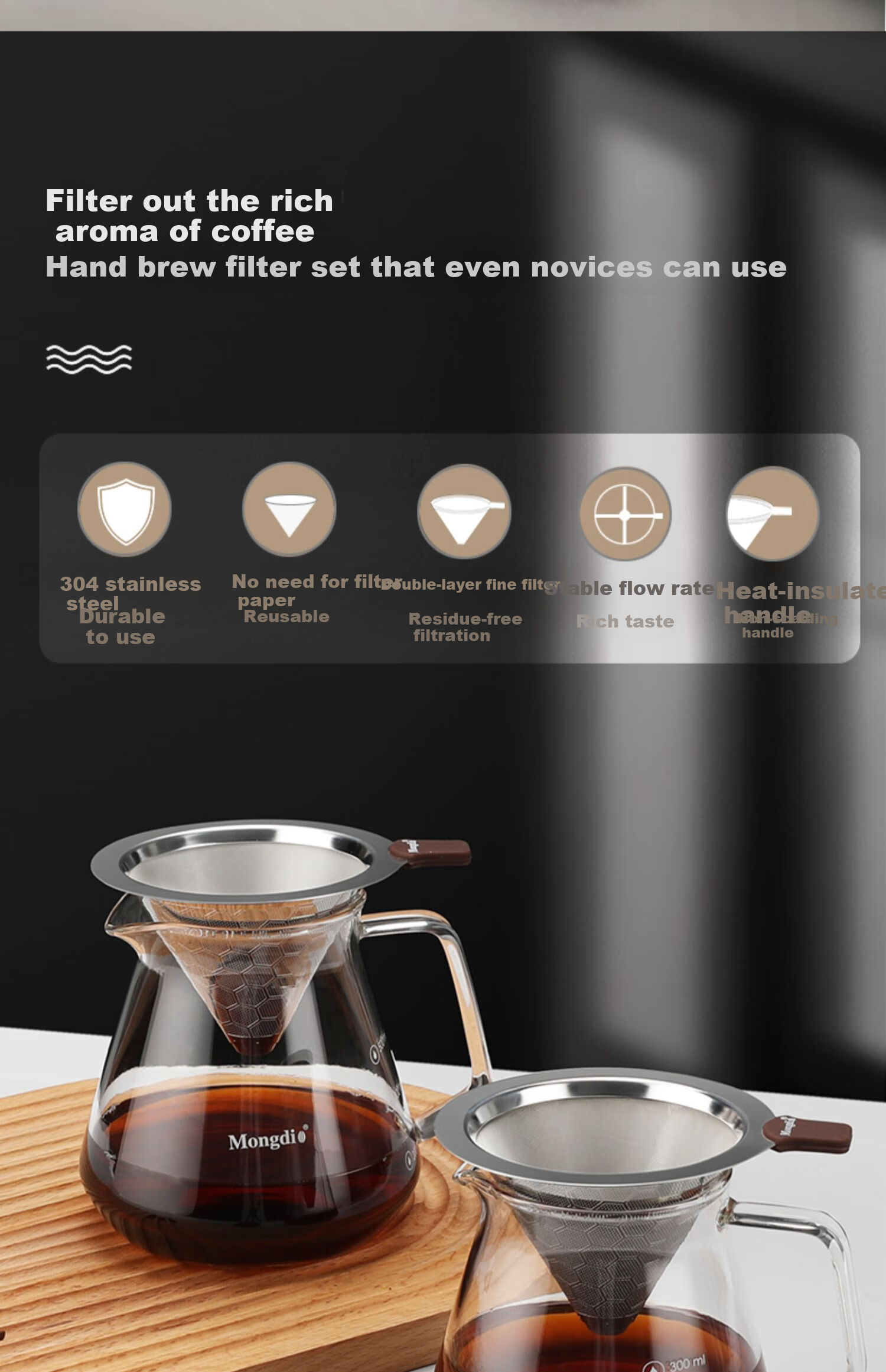 Mongdio Coffee Filter, Ultra-Fine Mesh, Stainless Steel Pour-Over Coffee Filter Cup, Paperless Coffee Filter, Coffee Grounds Funnel, 800 Mesh 2
