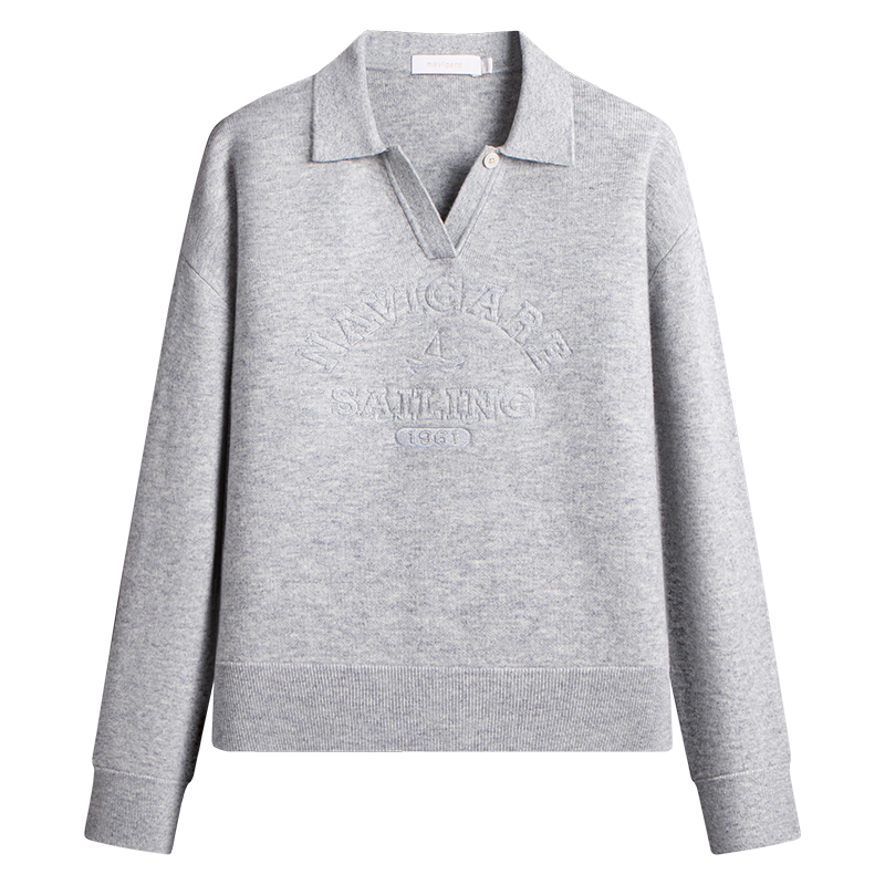 Navikail Italian Small Sailboat Women's 2025 Autumn Full Wool Knit Sweater Lapel Loose Wool Pullover 2334045502