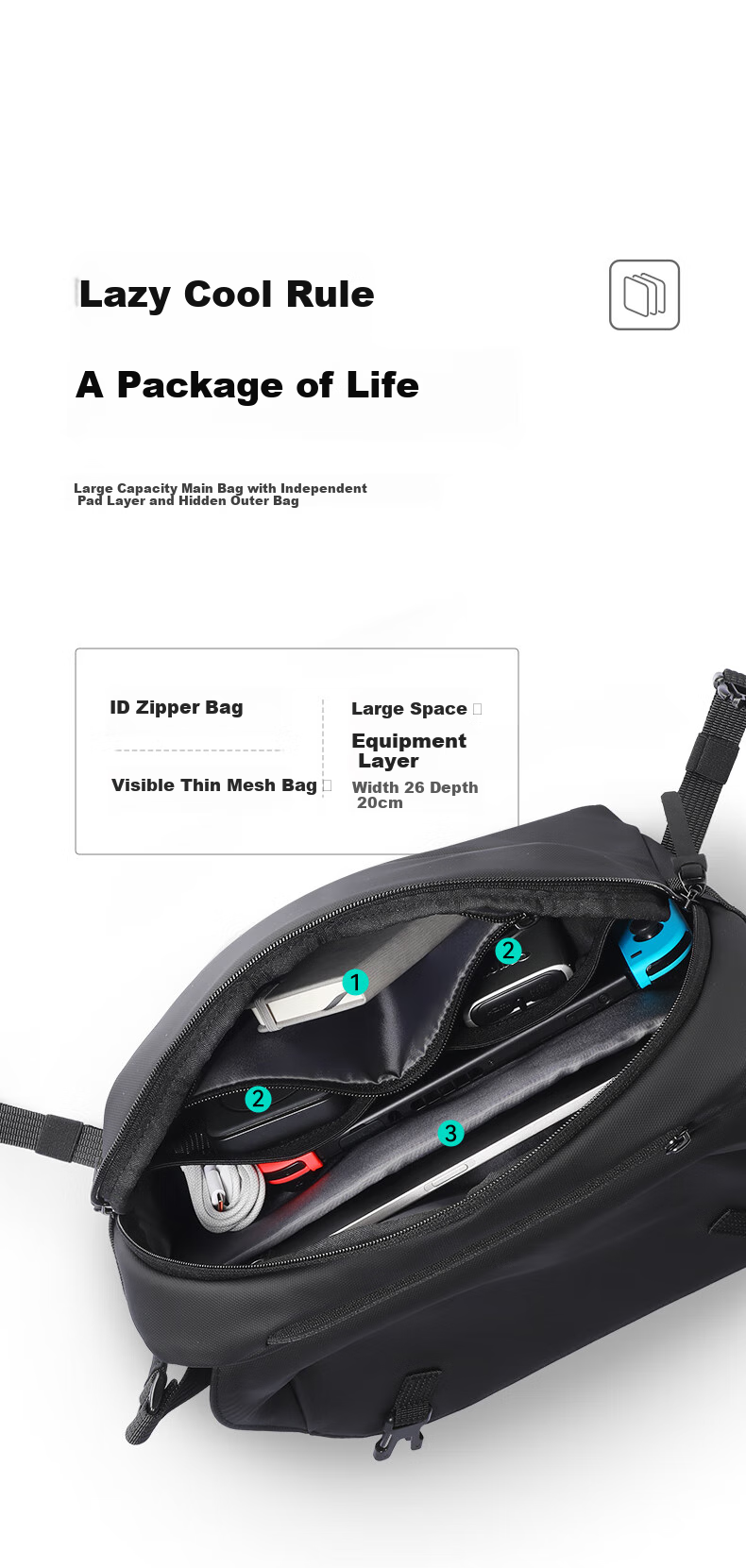 MARK RYDEN Crossbody Bag for Men, Large Capacity Portable Commuter Shoulder Bag, Casual Lightweight Messenger Bag for Outings, Elegant Black 6