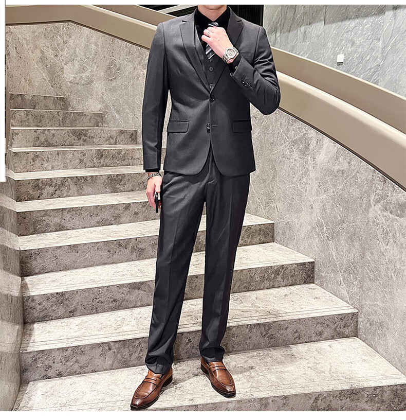 ROMON Men's Business Slim Fit Suit Jacket Formal Wedding Groom Navy Blue L 16