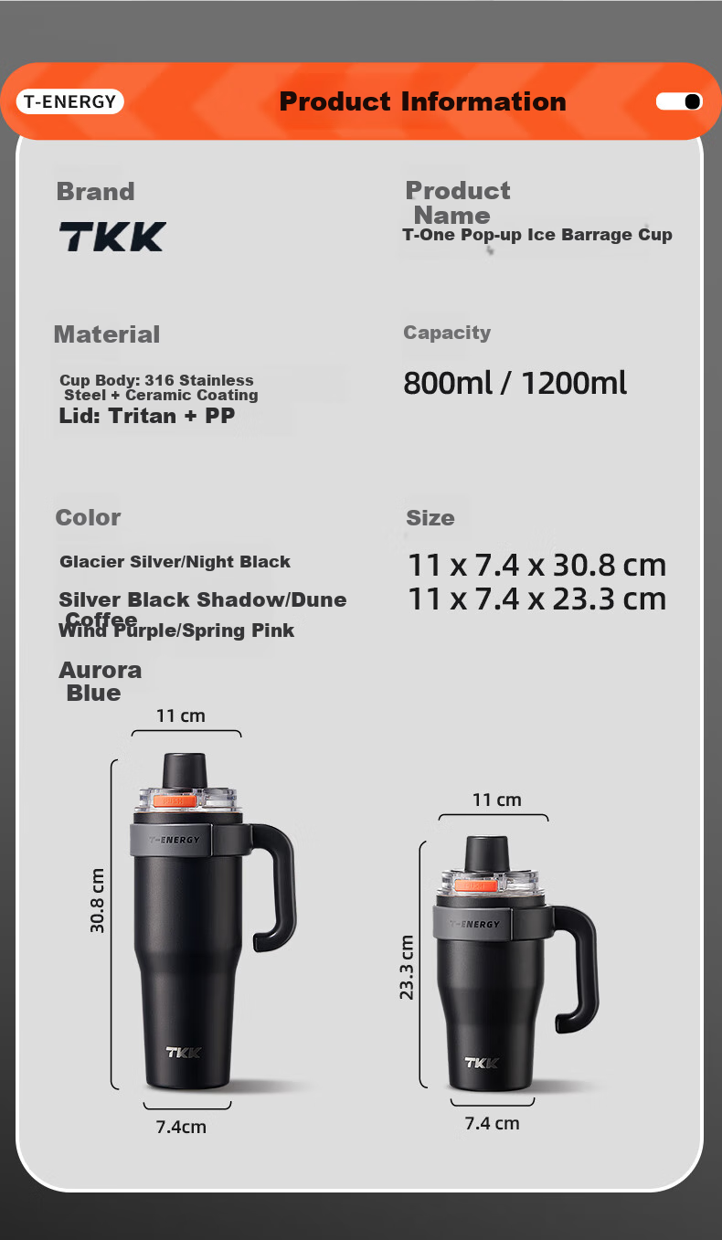 TKK Large Capacity Insulated Mug for Men, Summer Car-Friendly Cold-Keeping Ice Cup with Ceramic Inner Liner, Water Bottle, Giant Tea Cup 12