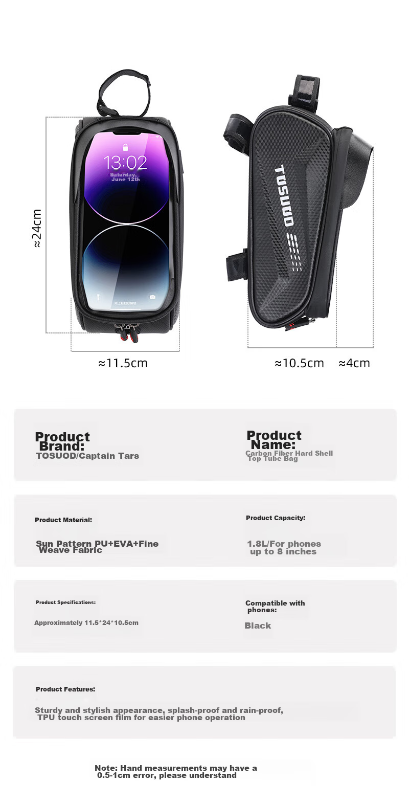TOSUOD Bicycle Front Frame Bag Phone Tool Storage Bag Mountain Road Bike Top Tube Bag Cycling Gear 2.0L 19
