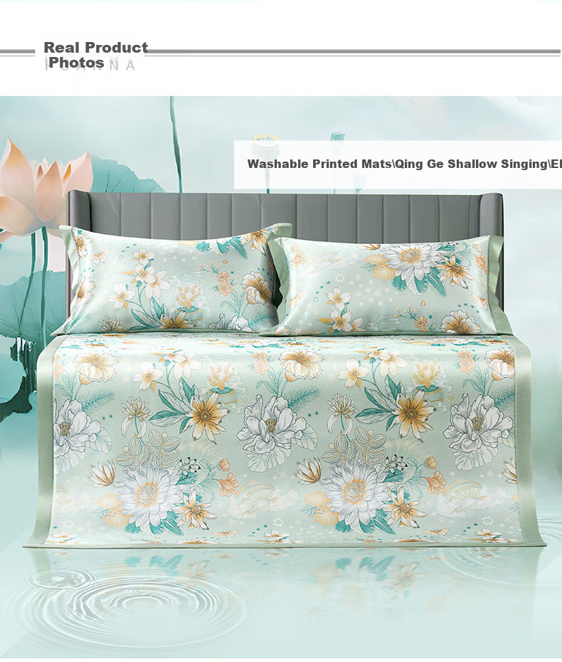 FUANNA Qingge Ice Silk Cooling Mat, Cool-Feeling Printed Soft Mat, Double Size, Three-Piece Set, Green 1.8*2 Meters [Washable] 12