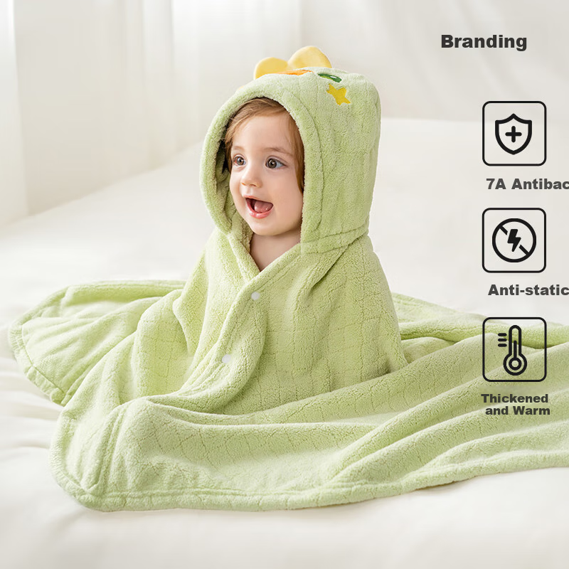 OUYUN Baby Bath Towel, Coral Fleece Quick-Dry Children's Cape Bathrobe with Hood, Baby Bathing Robe, Dinosaur Pattern, 145*85 Cm
