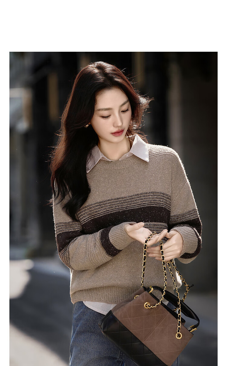Demana "Twilight Embrace" Winter Wool Blend Vintage Crewneck Colorblock Ribbed Loose Knit Sweater for Women 2