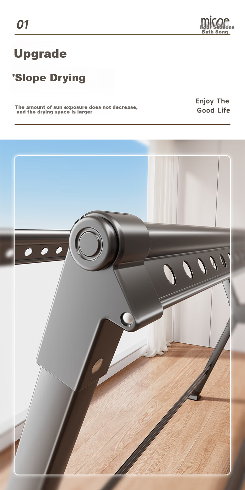 MICOE Floor-Standing Aluminum Alloy Clothes Drying Rack, Extendable Folding Clothes Hanger, Balcony Quilt Drying Rod 2