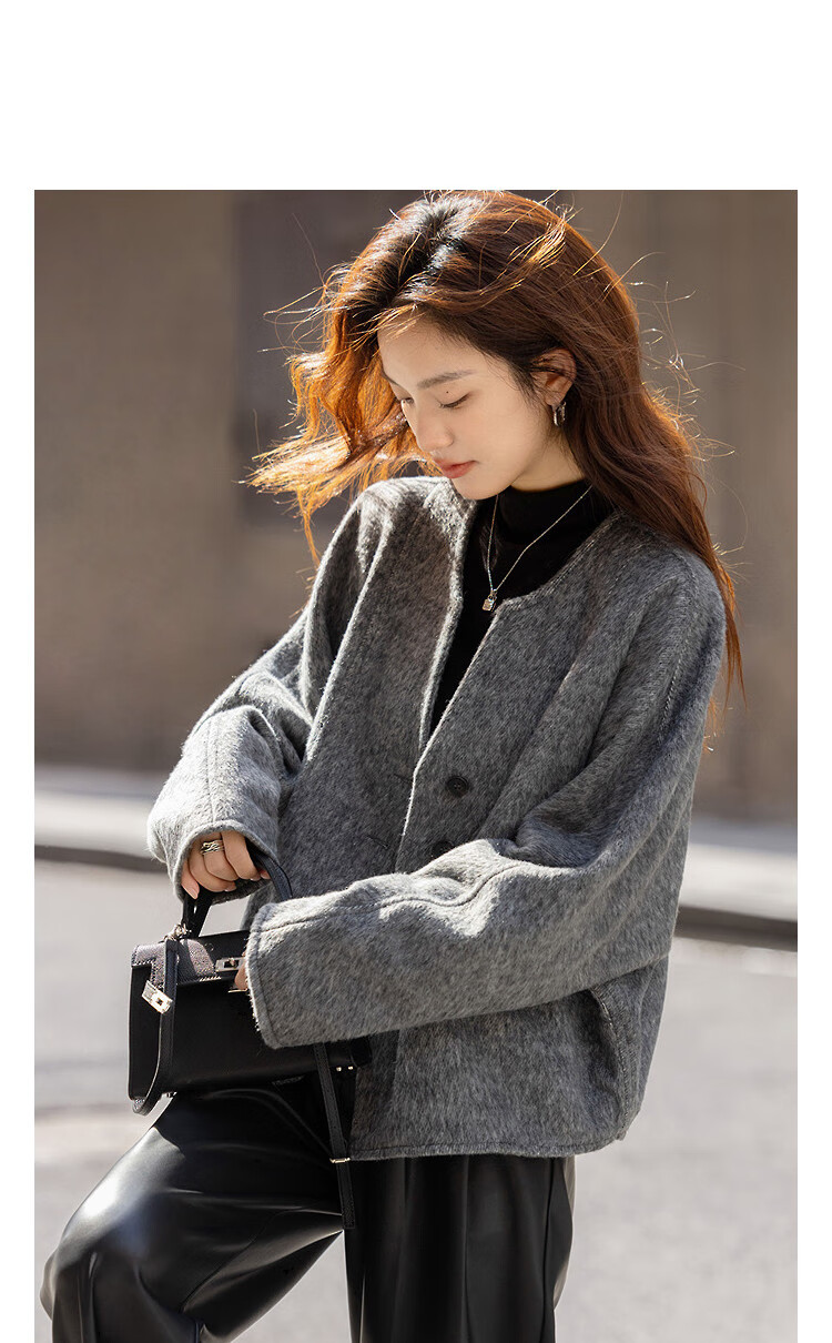 Demana Women's Winter Premium Minimalist V-Neck Faux Stone Pattern Batwing Sleeve Loose Short Coat with Warm Wool 1