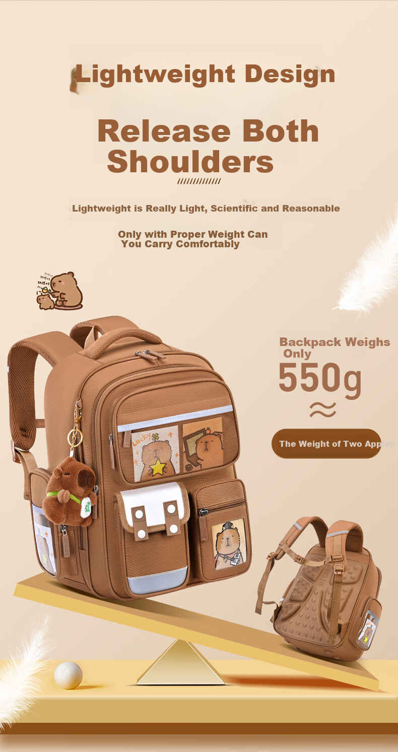 Dishuai Capibala Elementary School Backpack for Girls Grades 1-3 Lightweight Spine-Protecting Large Capacity Children's Backpack for Boys 14