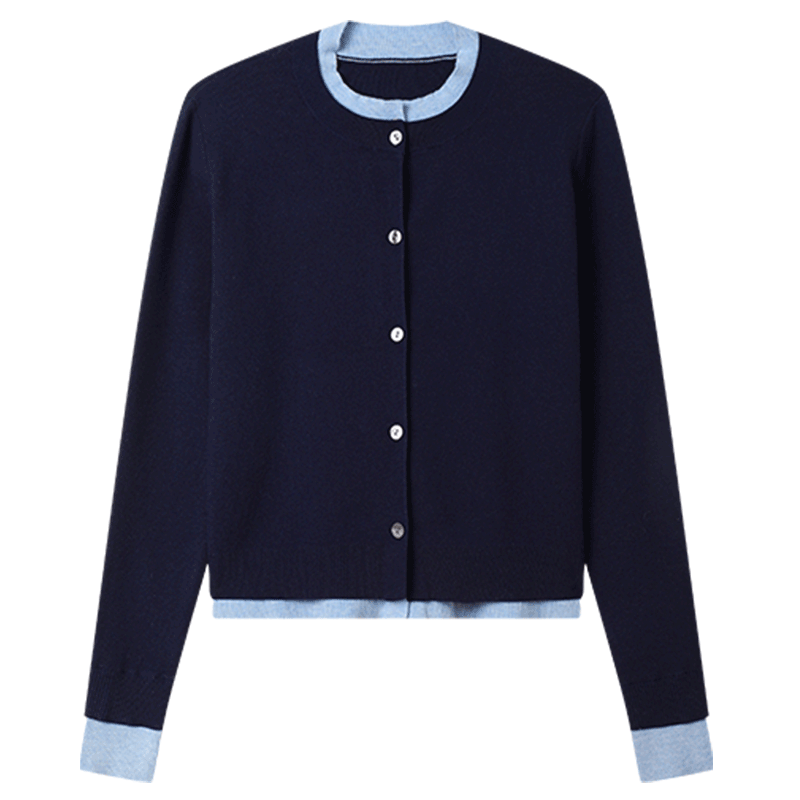LOUISYAO Spring Autumn Two-Piece Colorblock Knit Round Neck Single-Breasted Long Sleeve Cardigan Women Navy Blue Patchwork Size S