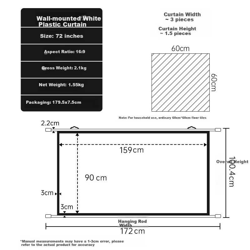 Zhiying Projector Home Screen 72-Inch 16:9 Wall-Mounted White Plastic Screen Office Display High Definition 4K Home Theater Compatible with XGIMI, Jmgo, Xiaomi, Xiaoming, Dangbei, Epson, BenQ