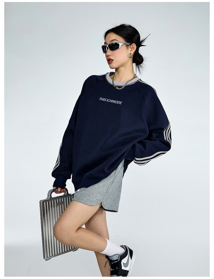ICH MODE American Style Crewneck Pullover Sweatshirt Vintage Striped Women's Spring Autumn Long Sleeve Loose Sports Jacket Blue M 20