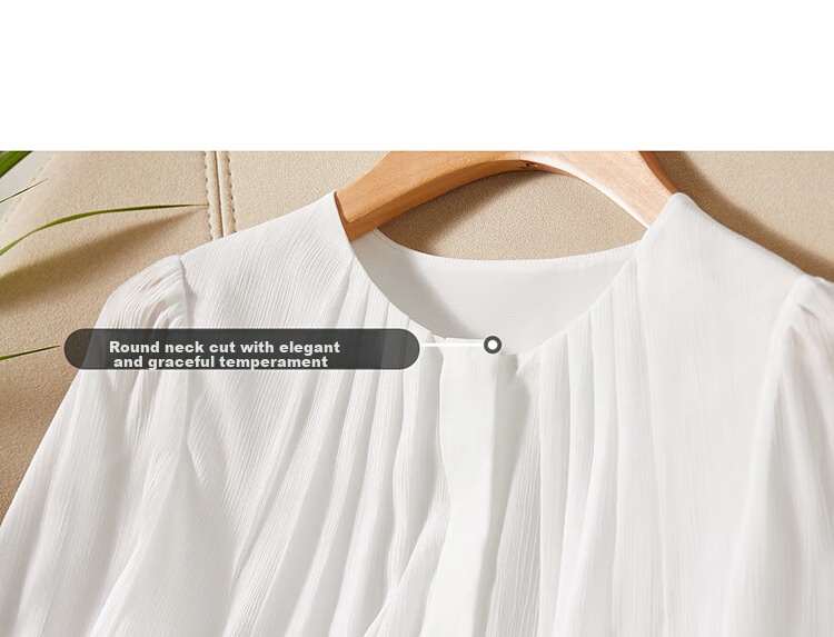 Sentubila Fashionable Round Neck Three-Quarter Sleeve Chiffon Blouse for Women, Autumn Elegant Youthful Style Office Wear Top, White, Size S 16