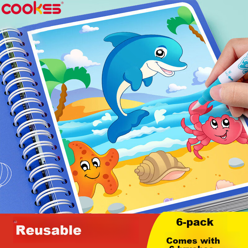 COOKSS Magic Water Drawing Book, Reusable Doodle Water Pen Book, Magic Coloring Dinosaur Toy for Boys And Girls, 6 Books