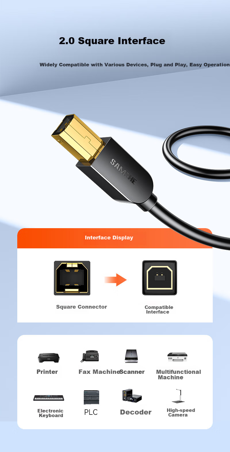 SAMZHE Printer Data Cable, 3 Meters, USB 2.0 AM/BM Square Connector, High-Speed Printing Cable, Supports HP, Canon, Epson Printers, Upstream Cable B Line SD-30C 3