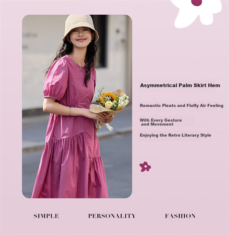 Dme [Puff Sleeve Ruched Dress] Summer Dopamine Sweet Style Round Neck Dress 7