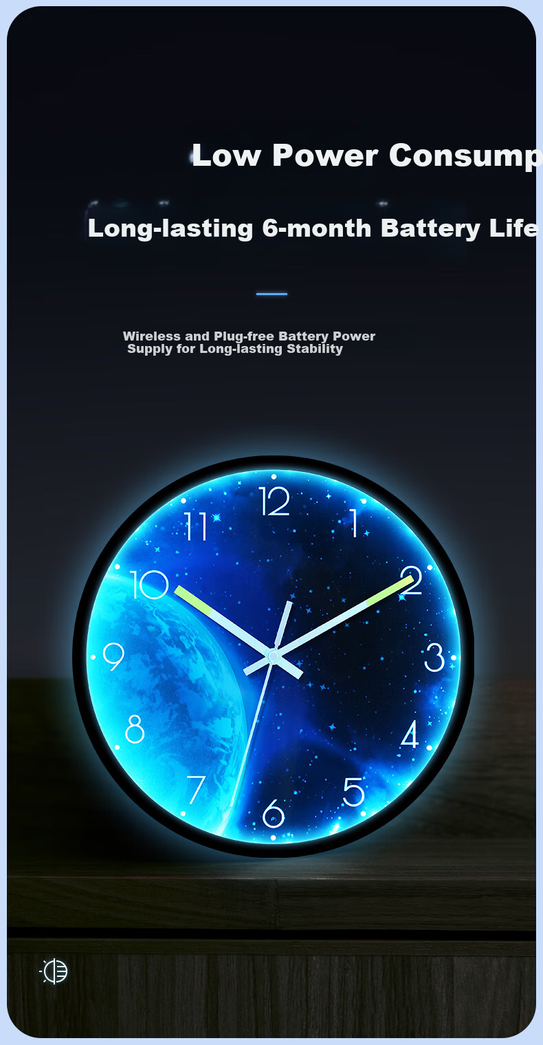 BBA Wall Clock, Creative Night Light, Living Room Wall-Mounted, Home Use Luminous Wall Clock, Bedroom Timepiece, Moon - Ambient Light, 30cm 6