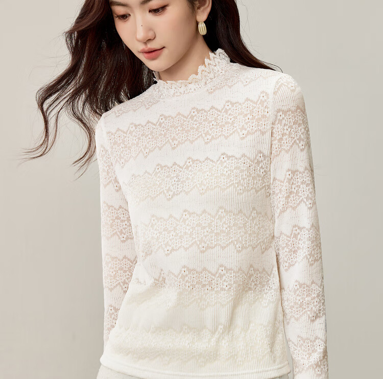 Sentubila Semi-Turtleneck Floral Textured Lace Slim Fit Long Sleeve Top for Women Autumn Hollow Out Inner Layer Shirt 5