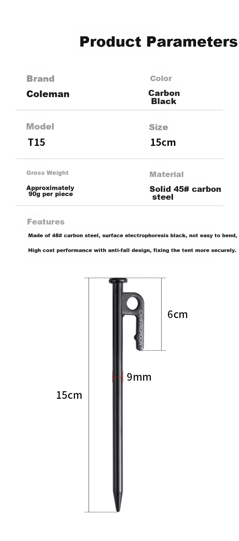 Campingmoon Tent Stake, Windproof Peg, Tent Anchor [T15], 15CM Carbon Steel Ground Stake, Single Piece 14